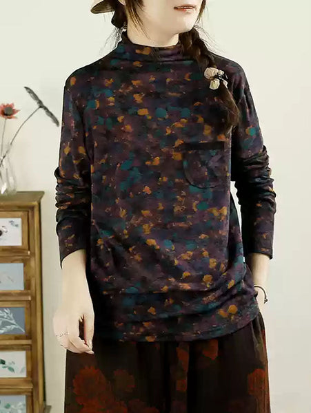 Women Autumn Artsy Floral Turtleneck Pocket Cotton Blouse AX1043 Genistyle Shop