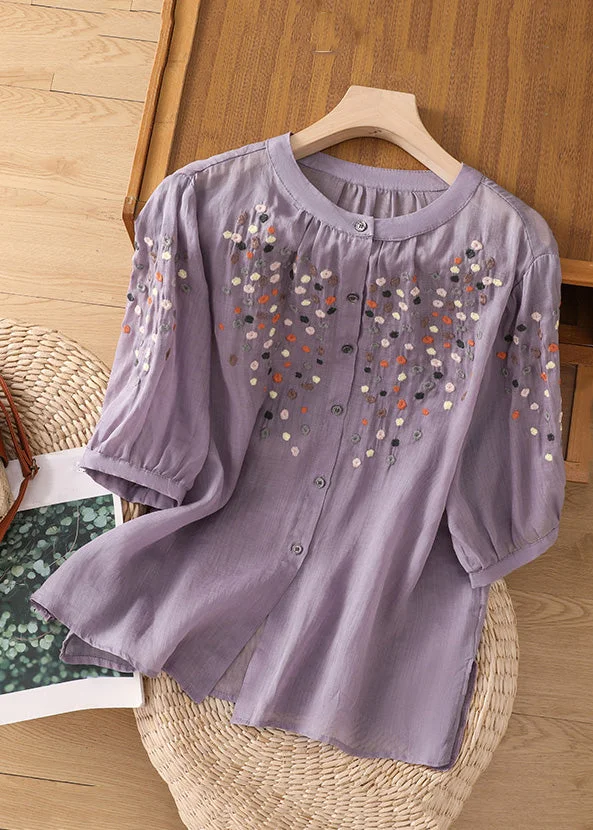 Grace Purple O Neck Embroideried Side Open Linen Blouse Spring QB032 GSK-241025