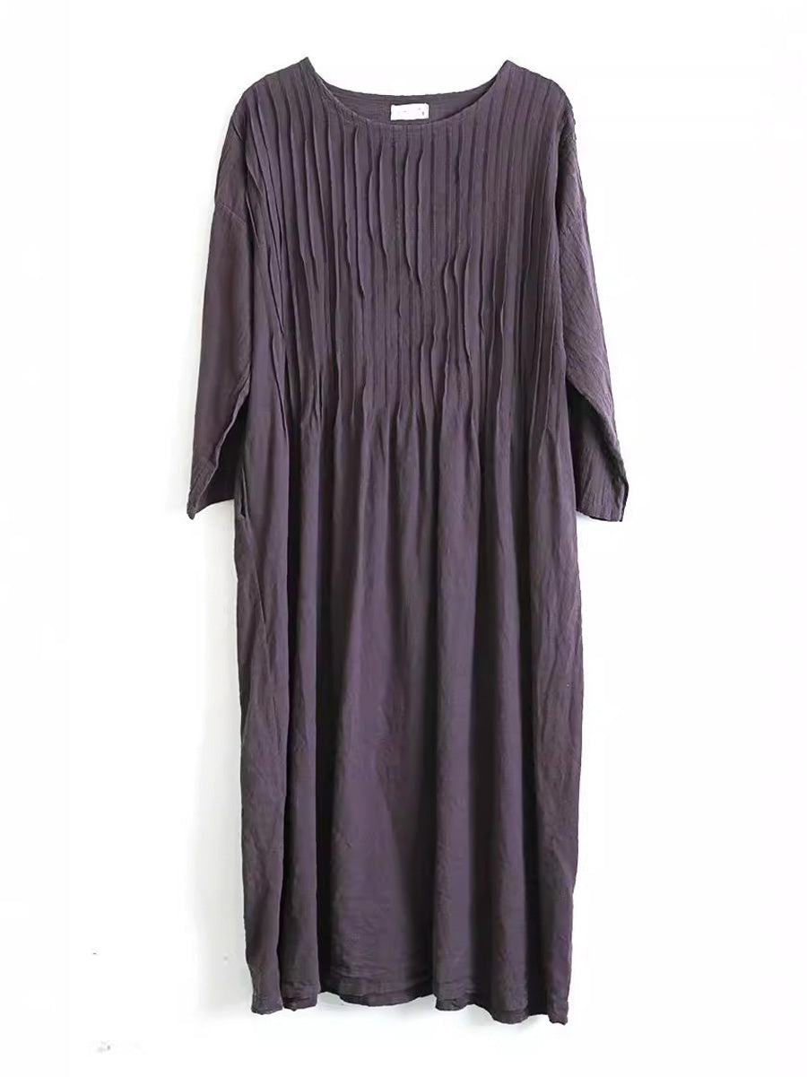 Women Autumn Vintage Shirred Cotton O-Neck Dress AH1006 BK