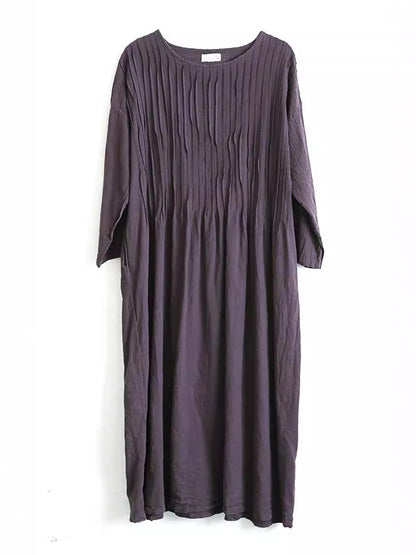 Women Autumn Vintage Shirred Cotton O-Neck Dress AH1006 BK