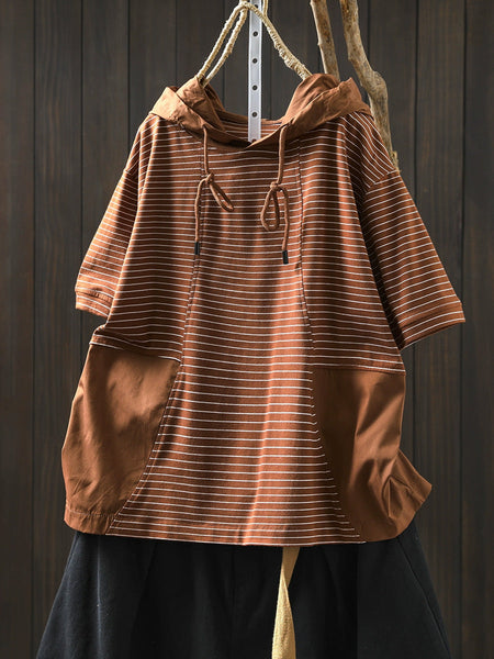 Spliced Cotton Shirt Summer Hooded Stripe Casual Women FashionChic