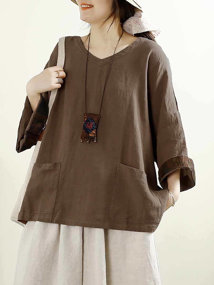 Plus Size Women Vintage Solid V-Neck 100%Linen Blouse AK1006 Genistyle Shop