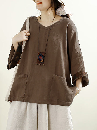 Plus Size Women Vintage Solid V-Neck 100%Linen Blouse AK1006 Genistyle Shop