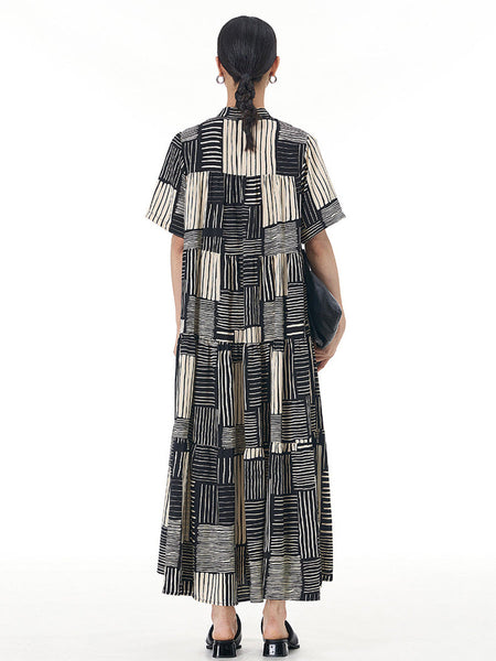 Women Summer Artsy O-Neck Stripe Loose Tiered Dress CC020 AYFZ