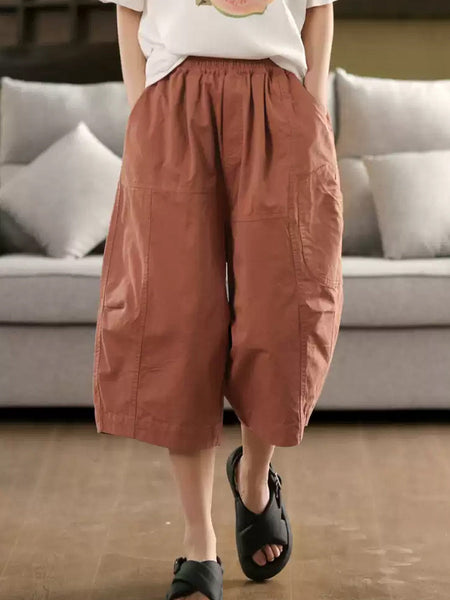 Pure Color Casual 100%Cotton Cropped Pants Women FashionChic