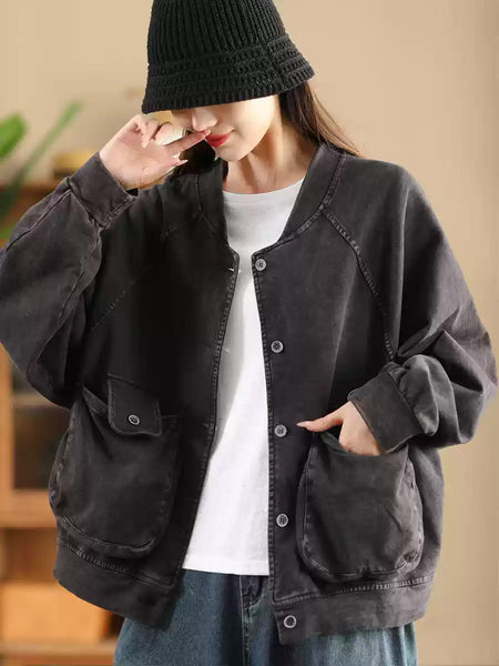 Women Retro Pure Color Stand Collar Pocket Cotton Coat AX1008 Genistyle Shop