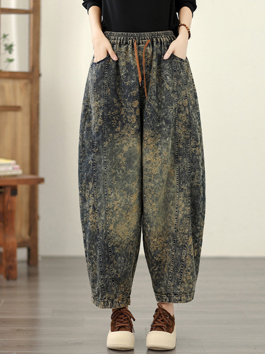 Autumn Flower Women Denim Harem Pants Retro FashionChic