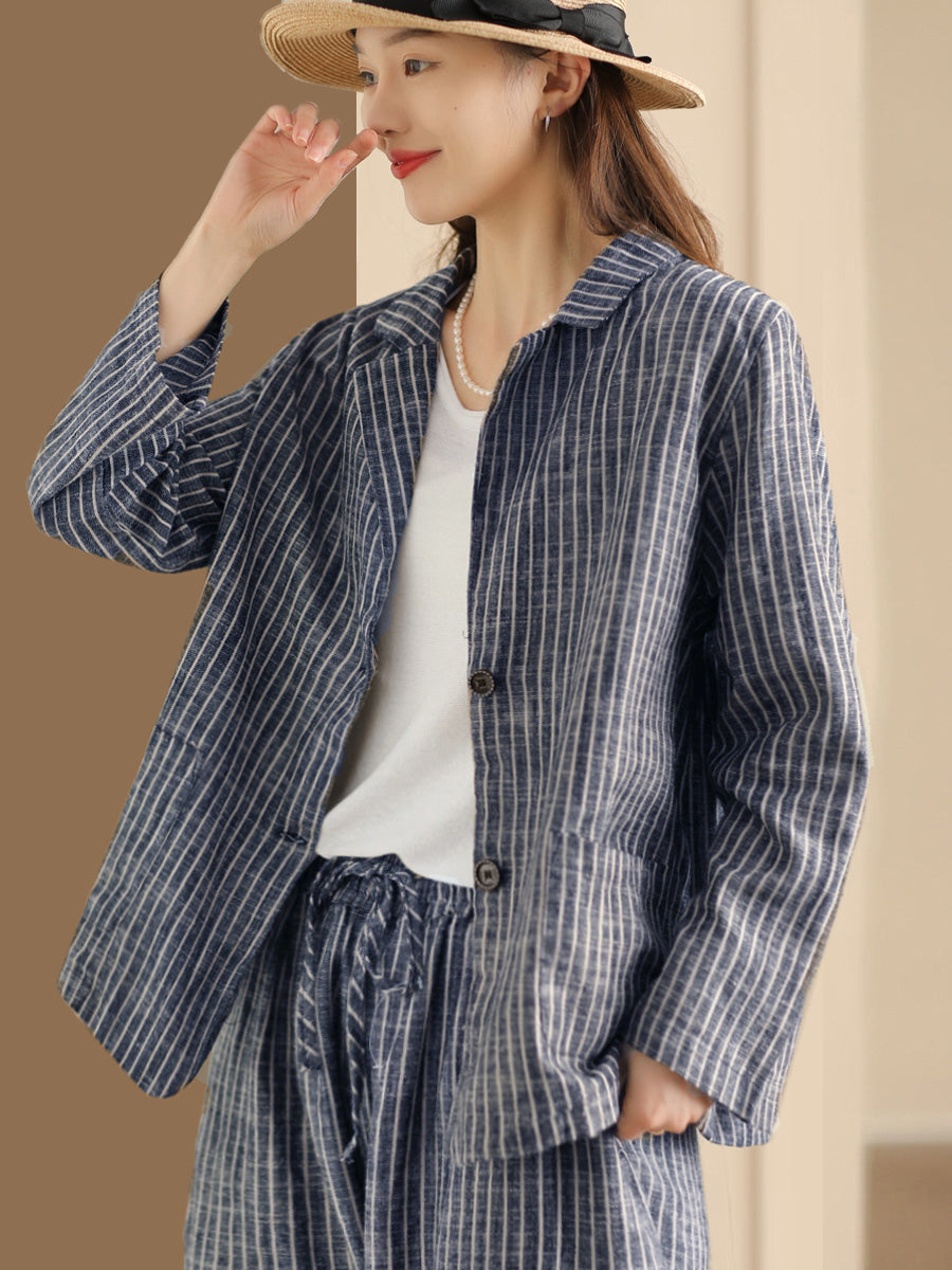 Plus Size Women Vintage Stripe Spring Linen Shirt+Pants II1057 BK