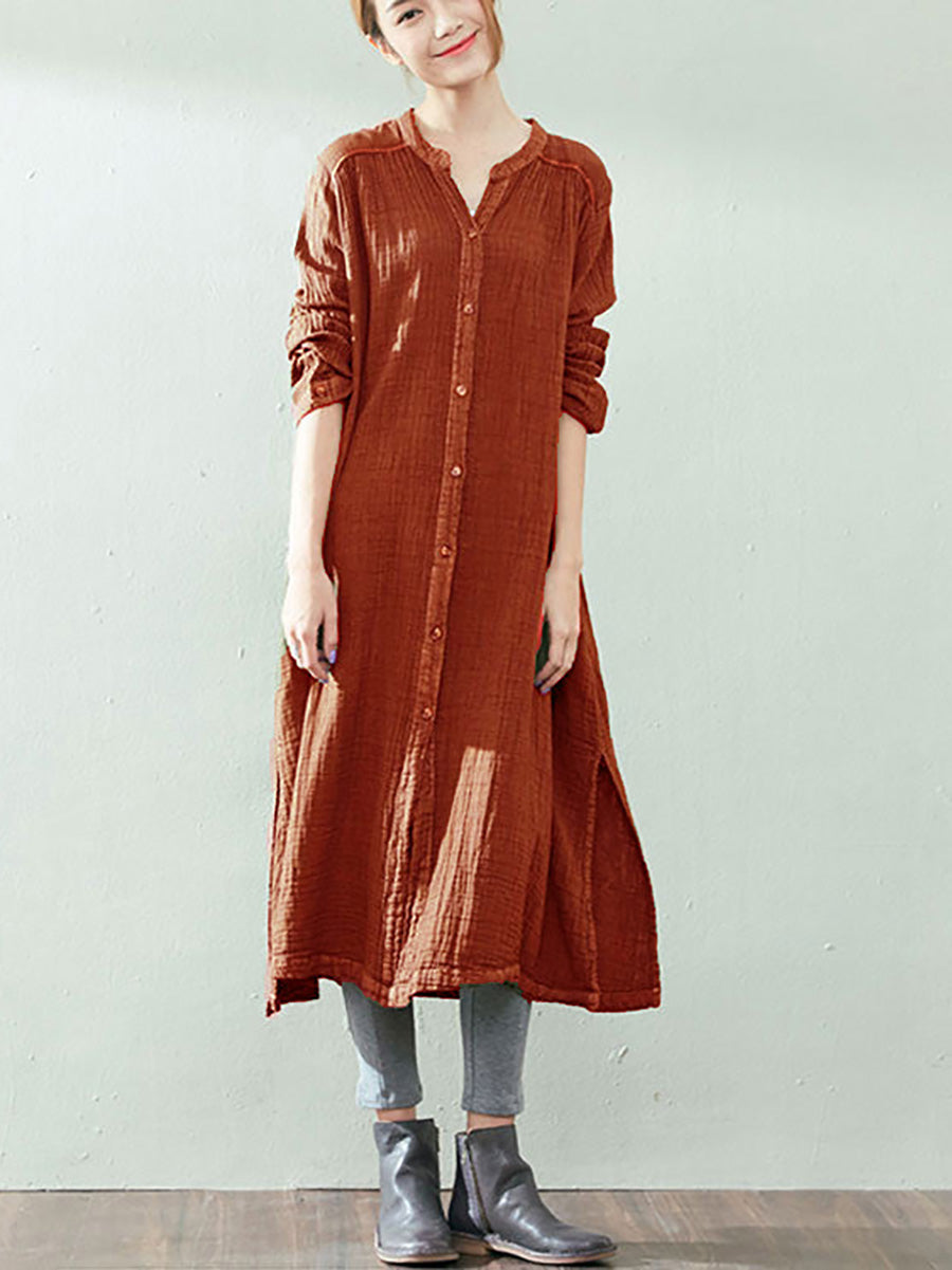 Plus Size Women Autumn Artsy Solid Button V-Neck Loose Dress AK1005 Genistyle Shop