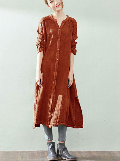 Plus Size Women Autumn Artsy Solid Button V-Neck Loose Dress AK1005 Genistyle Shop