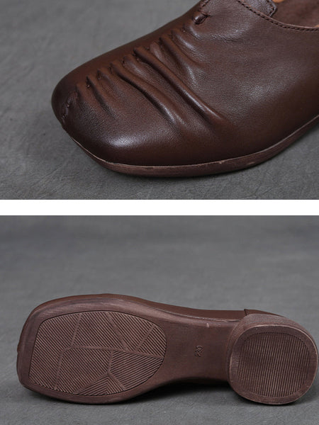 Heel Mid Genuine Leather Spliced Shoes Women Vintage FashionChic