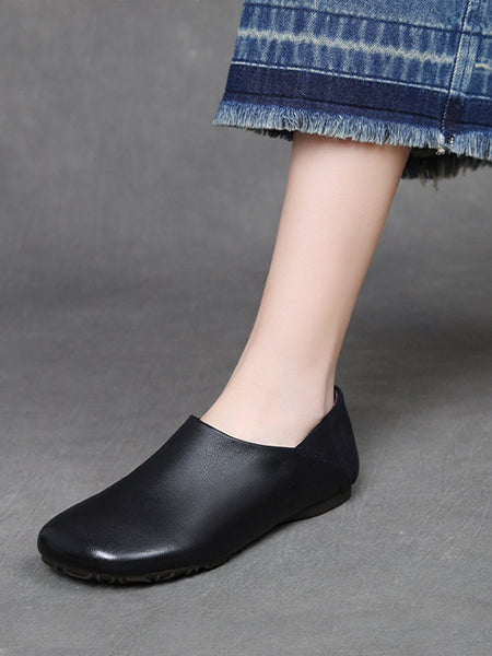 Spliced Leather Flat Soft Women Vintage Shoes FashionChic