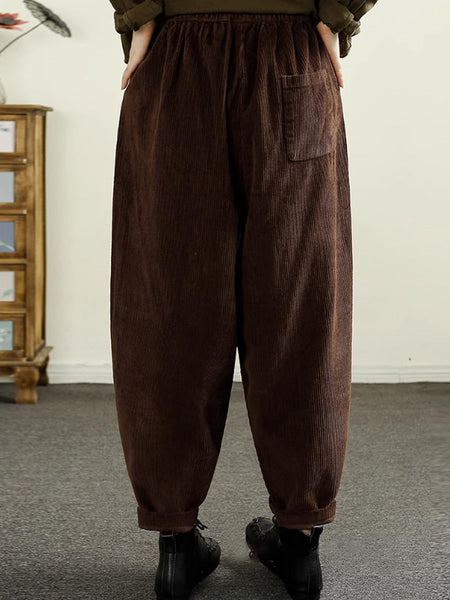 Women Autumn Solid Corduroy Spliced Cotton Harem Pants AI1047 BK