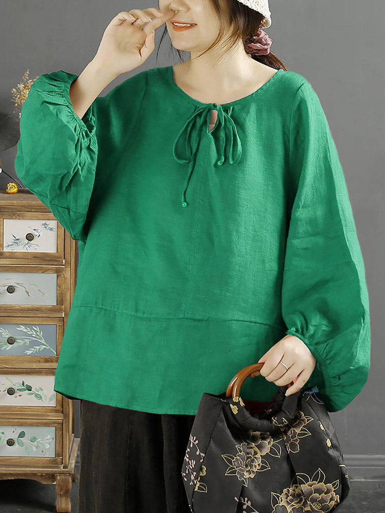 Plus Size Women Autumn O-Neck 100%Linen Loose Blouse AK1001 Genistyle Shop