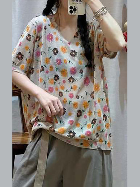 Women Casual Flower Summer V-Neck Loose Pullover Shirt QW1028 Ada Fashion