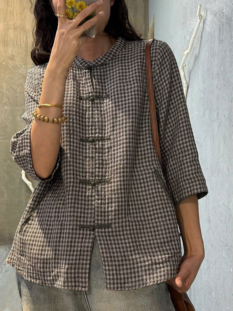 Plus Size Women Retro Plaid Summer Cotton Button-up Shirt ZZ1018 Ada Fashion