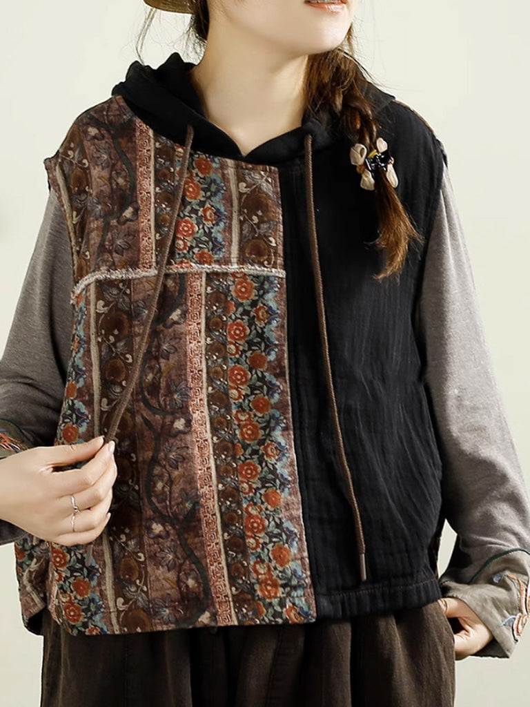 Women Autumn Vintage Flower Spliced Hooded Cotton Vest AI1037 BUYKUD