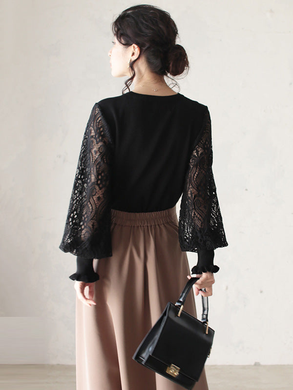 Tempermant Black Round-Neck Patchwork Hollow Lace Long Puff Sleeves Sweater QX011 shopify