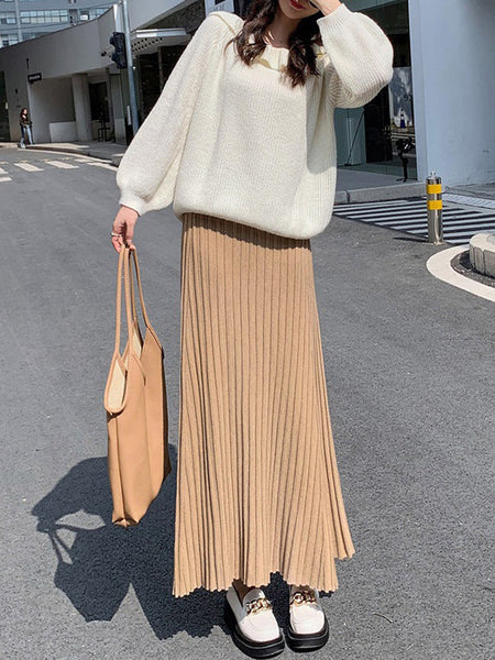 Brief Khaki High Waisted Pleated Striped A-Line Knit Skirt TW006 ABC