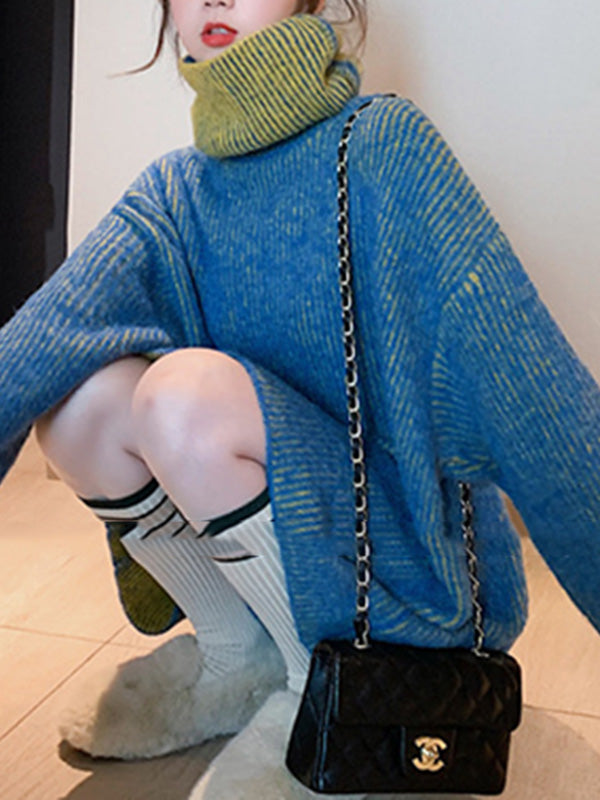 Design Loose Blue Contrast Color High-Neck Long Sleeve Sweater AN1054 Genistyle Shop