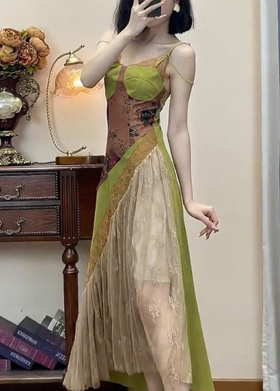 Spaghetti Lace New Green Dress Patchwork Strap Sleeveless FashionChic