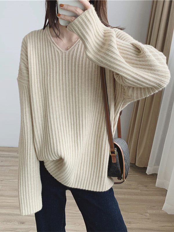 Vintage Caramel V-Neck Long Sleeves Striped Knit Sweater QX001 shopify