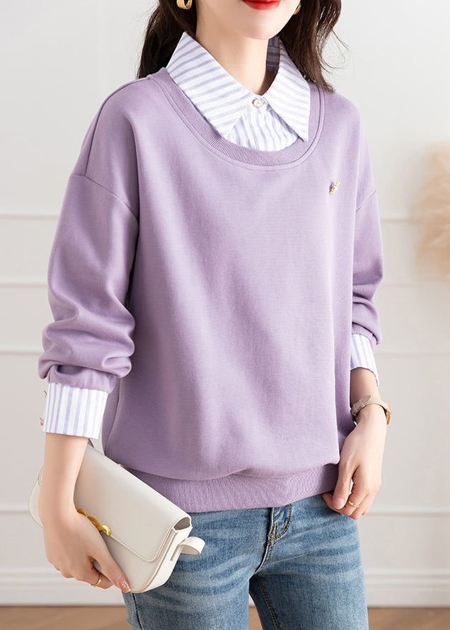 Chic Purple Patchwork False Two Pieces Cotton Top Fall QC042 shopify