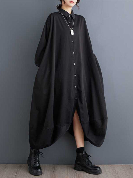 Stylish Black Lapel Buttoned Pockets A-Line Petal Hem Long Sleeve Shirt Dress TW015 ABC