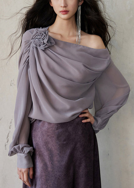 Grey Solid Chiffon Long Fashion Sleeve Asymmetrical Shirt FashionChic