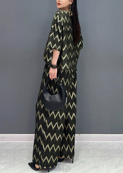 Casual Black Gold O-Neck Print And Wide Leg Pants T Shirt Two Pieces Set Short Sleeve AO1059 JDML-TPIEC240909