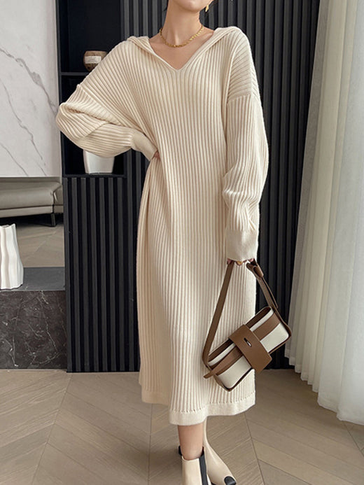 Stylish Apricot V-neck Hooded Long Sleeve Striped Knit Dress AN1044 Genistyle Shop