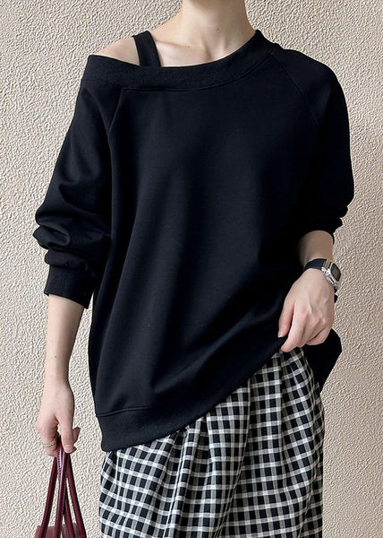 Women Black Cold Shoulder Solid Cotton T Shirts Fall AF1094 HS-LTP240914