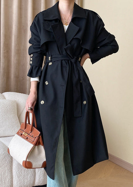 Black Button Cotton Long Trench Coat Peter Pan Collar Fall AF1034 HS-TCT240914
