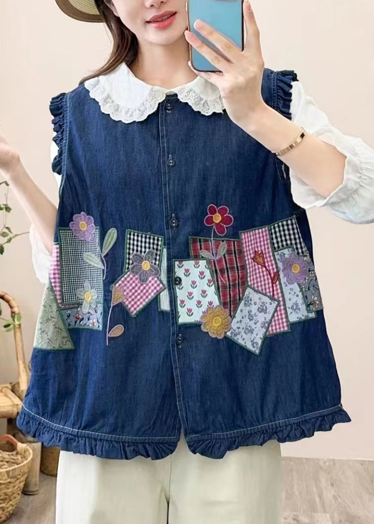 Cute Navy Embroidered Patchwork Button Waistcoat Sleeveless NN038 shopify