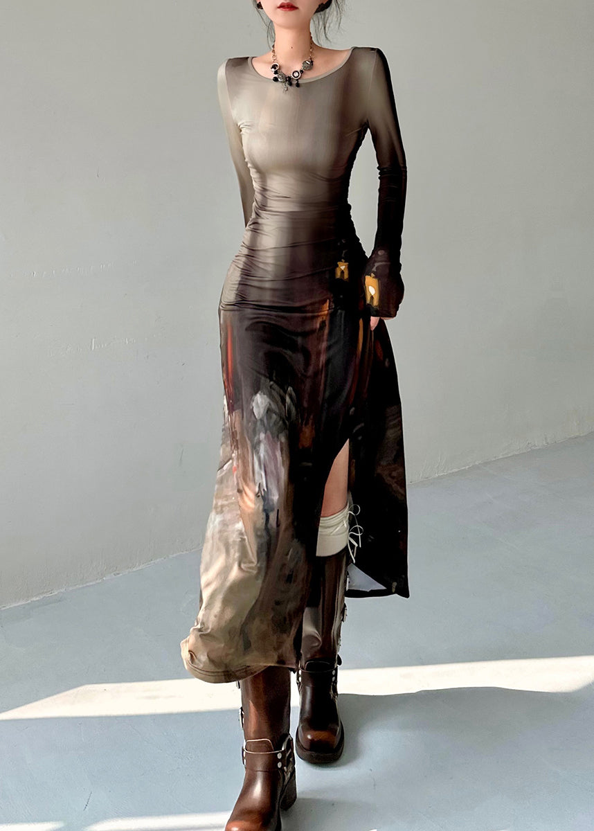 French Retro Oil Painting Printed Side Open Dress Autumn AN1012 Genistyle Shop