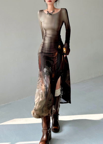 French Retro Oil Painting Printed Side Open Dress Autumn AN1012 Genistyle Shop