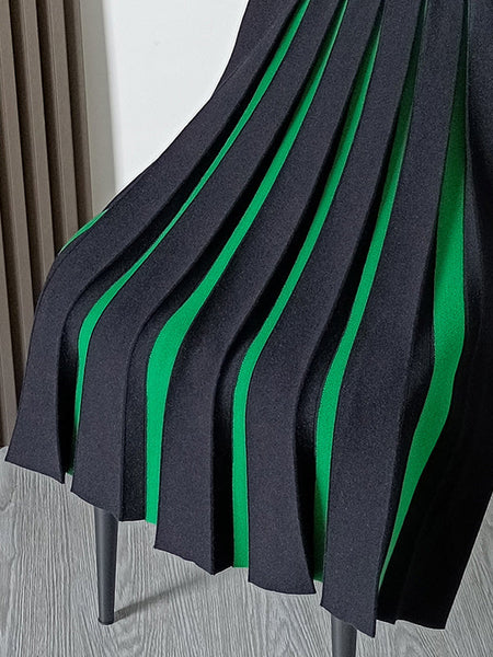 A-line Pleated Retro Skirt Knit Contrast White Color FashionChic