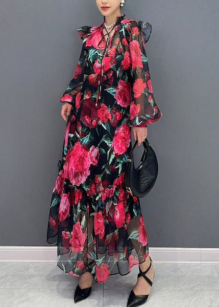 Beautiful Red Tie Lace Print Chiffon Maxi Dresses Fall AO1044 JDML-FDL240909