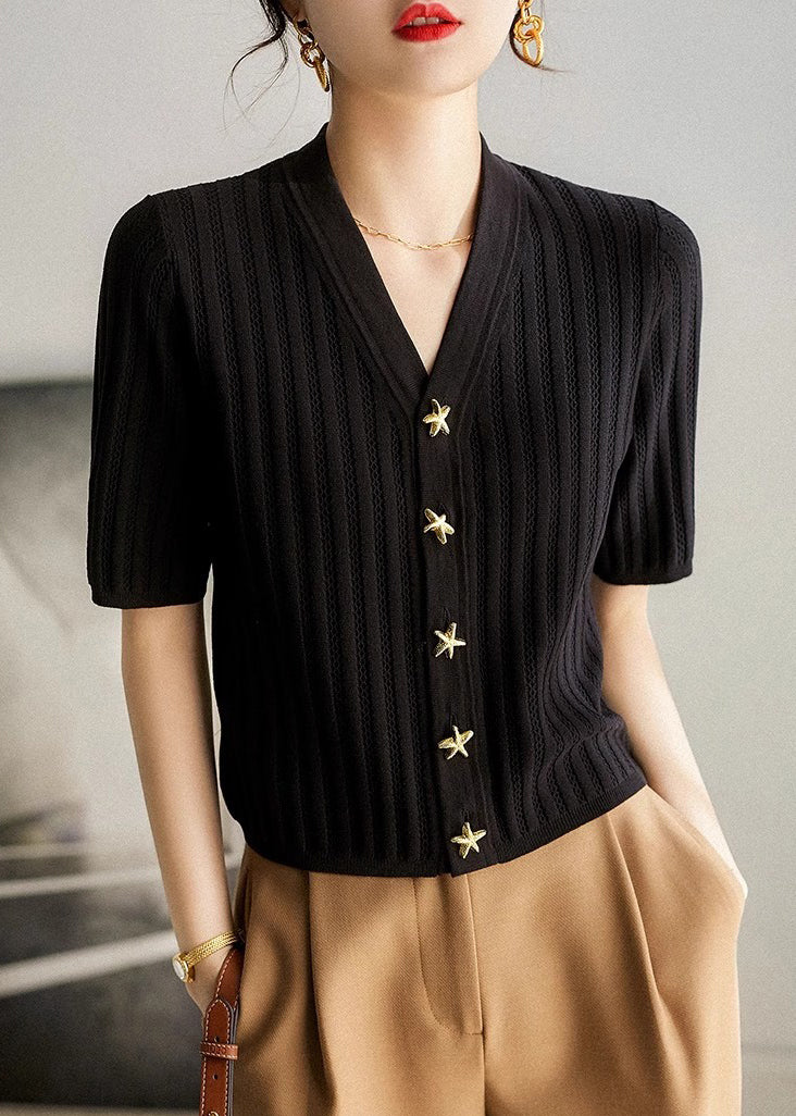 Neck Shirt Summer Knit Silm Black V Fit Style FashionChic