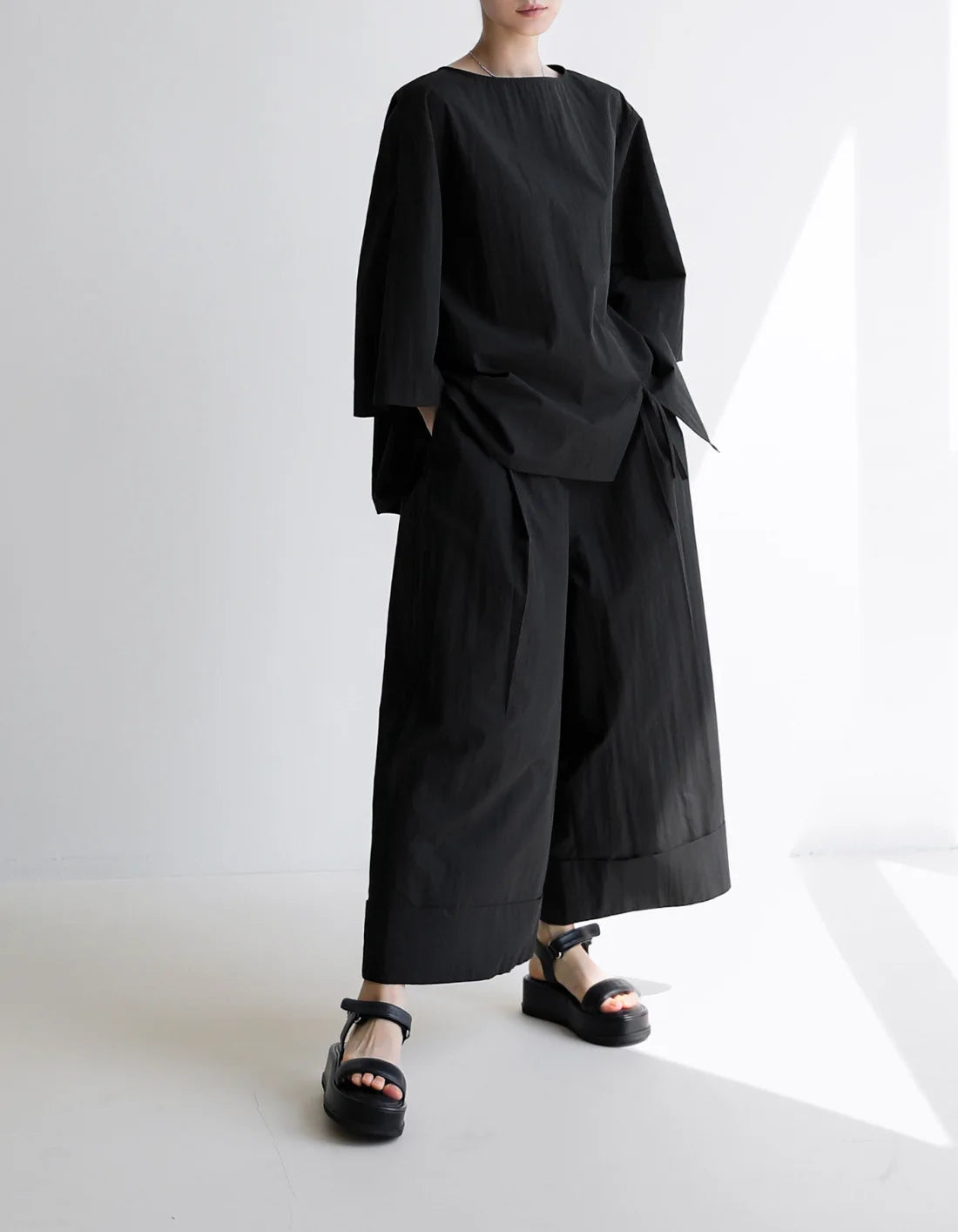 Casual Cotton Top Drawstring Sleeve Khaki Half Asymmetrical FashionChic