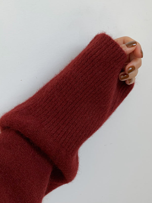 Casual Red High Neck Split Hem Long Sleeve Sweater AN1056 Genistyle Shop