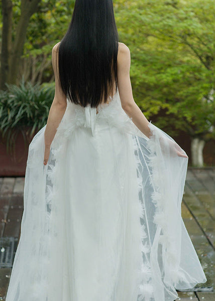 Elegant White Lace Up Solid Tulle Maxi Dresses Summer AZ1016 shopify