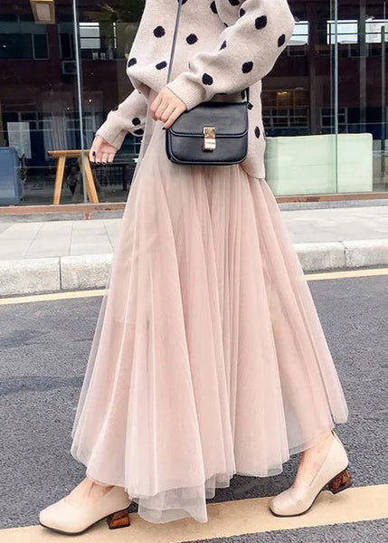 Simple Coffee Solid Elastic Waist Tulle Skirt Spring RV020 ABC