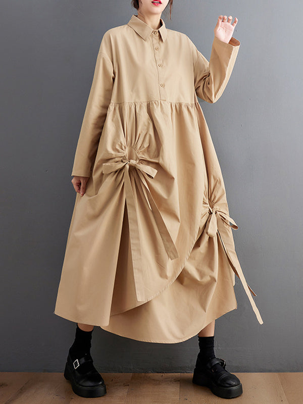 Stylish Black Lapel Buttoned Drawstring Pleated Tied Pockets Sleeves Shirt Dress WS004 shopify