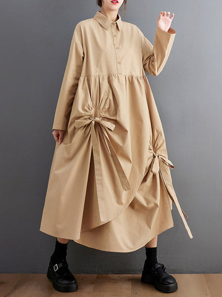 Stylish Black Lapel Buttoned Drawstring Pleated Tied Pockets Sleeves Shirt Dress WS004 shopify