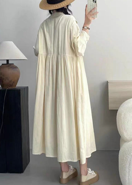Elegant Beige Wrinkled Button Cotton Dresses Long Sleeve NN028 shopify