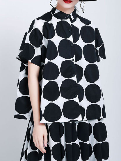 Pockets Neck Mock Black Polka-Dot Stylish High Buttoned Shirt FashionChic