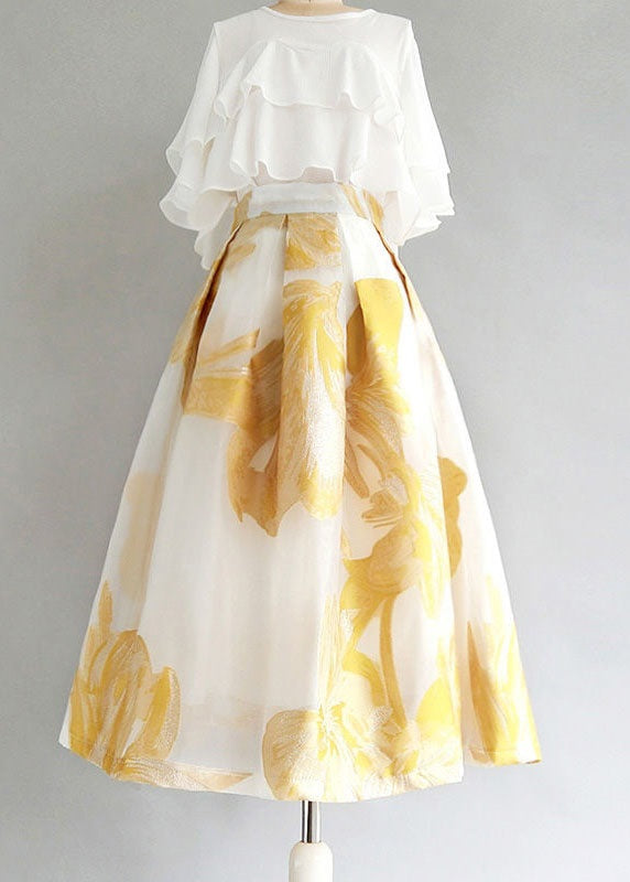 Women Yellow Wrinkled Patchwork Embroidered Tulle Skirt Summer AZ1038 shopify