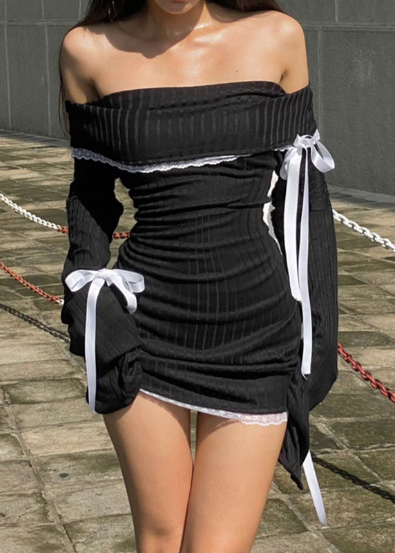 Lace Cotton Bow Dress Knitting Black Spring Neck Slim Fit Slash FashionChic