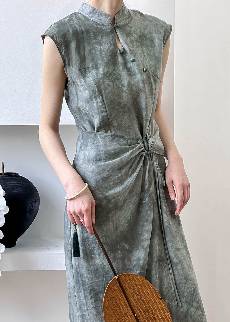 New Grey Button Lace Up Silk Cotton Long Dress Summer AF1012 HS-SDL240914